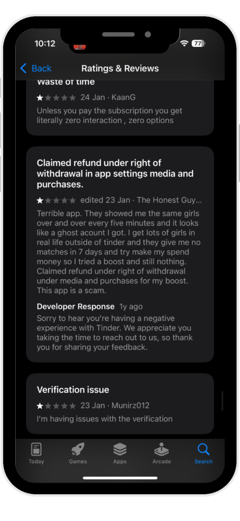 Example of Tinder App Review Management